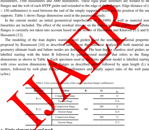 Table I. Cross section dimensions of the current specimen flanges (millimeters) 