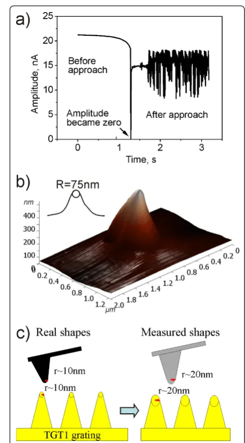 Figure 6 Tip shape measured after approach to the surface. (a)Approach curve in TM at Ntegra AFM (NT-MDT) in solution showsthat during the first contact amplitude of oscillation A became zero.After few seconds the piezotube oscillations cause generations o