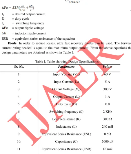 Table I.  Table showing Design Specifications 