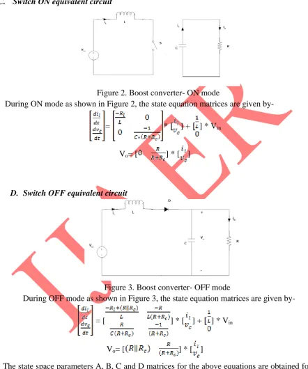Figure 2. Boost converter- ON mode During ON mode as shown in Figure 2, the state equation matrices are given by- 