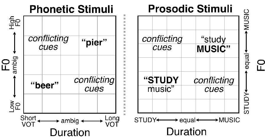 Figure 1: Schematic depiction of Phonetic and Prosodic stimulus spaces.  In each stimulus 