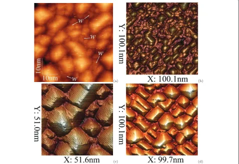 Figure 10 STM 2D and 3D micrographs of Ge hut cluster dense arrays at different coverages (49.9 nm,Tgr = 360°C): (a, b) hGe = 8 Å [(a) 50.6 × w is WL, Us = +2.0 V, It = 80 pA; (b) Us = +2.0 V, It = 100 pA]; (c, d) hGe = 10 Å [ Us = +2.1 V, It = 100 pA].