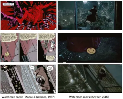 Fig. 5. Sample panels/stills from the original Watchmen (Moore & Gibbons, 1987) graphic novel and movie(Snyder, 2009) depicting the same actions