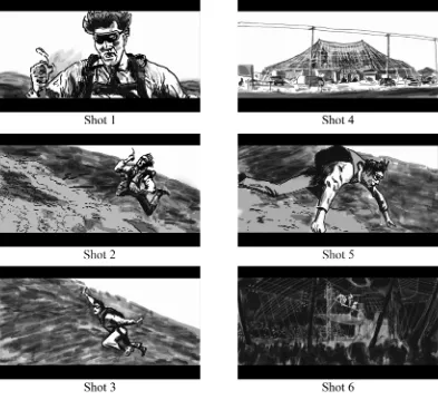 Fig. 8. Drawings of six frames from six sequential shots from James Bond Moonraker (Broccoli & Gilbert,1979)