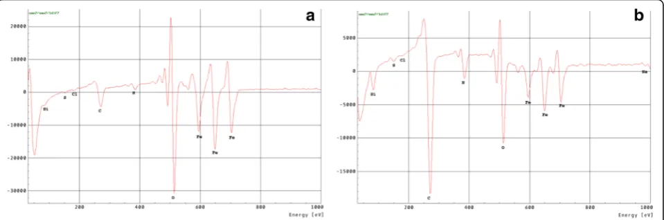 Fig. 6 SEM images of the carbon steel surface after exposition in solutions with a PHMG (30 mmol/l) and b NaNO2 (20 mmol/l) and PHMG(10 mmol/l)