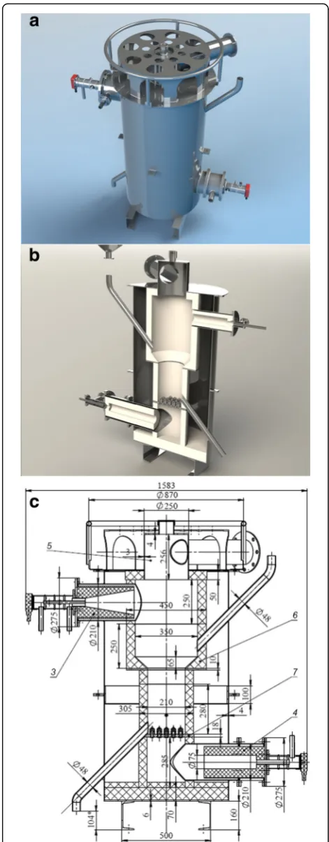 Fig. 1 High temperature coal activation reactor. a External view ofthe reactor. b Visualization of the cross section of the reactor