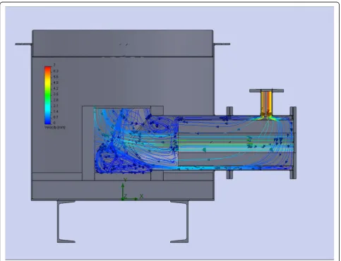 Fig. 10 Direction and velocity simulation of combustion products flows and steam in the mixing chamber