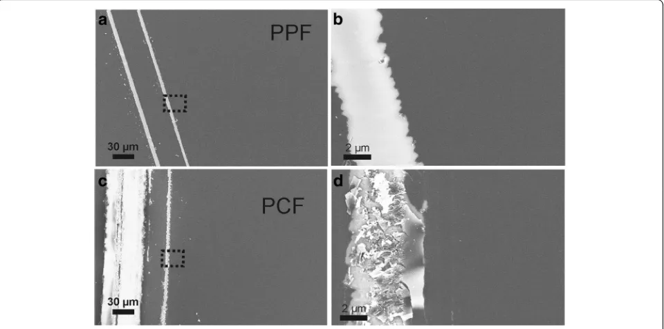 Fig. 1 Scanning electron microscope figure of a, b the PPF and c, d the PCF on silica substrates