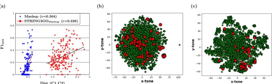 Fig 5. (a) Linear relationship between distances of two classes protein samples and F1_GO scores obtained by Mashup-derived Combinedscorenetwork embedding representations and the corresponding functional representations on Hold-out set testing (b) The 2D space visualization ofdistribution of protein samples belonging to GO:0090150 using the Mashup-derived network embedding representations and (c) theSTRING2GOMashup functional representations transformed by t-SNE.