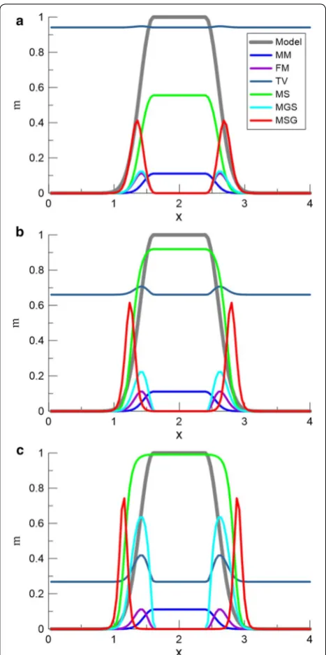 Fig. 1 Comparison of mathematical model distributions of different stabilizing functionals with square of focusing parameters β2 of a 1, b0.1, and c 0.01
