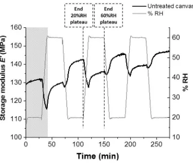 Figure 6. Mechanical response (E‘) of an untreated canvas to RH-cycling (20-60-20%RH) over 