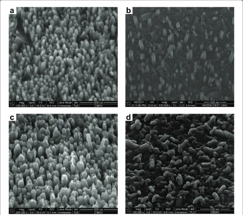 Figure 6 Tilted SEM image and EDS spectra. (a) Tilted image for ZnO nanorods grown on ALD-ZnO films of 80 nm and (b) EDS spectra tostate the chemical nature of grown nanorods.