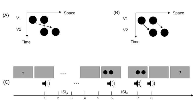 Figure 1. Ternus display and stimulus configurations. Two alternative motion percepts of the 