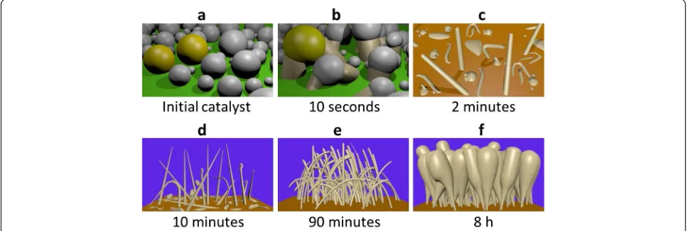 Fig. 8 3D illustration of samples at different growth times.growth; a as-deposited Sn catalyst; b 10 s growth; c 2 min growth; d 10 min growth; e 90 min f 8 h growth