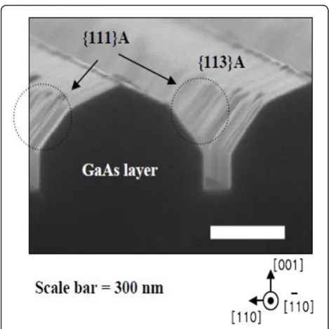 Figure 5 Cross sectional SEM image of the GaAs layer on SiOpatterned 5°-off (001) GaAs substrate, when W2-0 was 655 nm.The front direction of GaAs layer was rotated about 30° from [110]¯direction.
