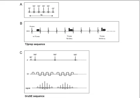 Fig. 1 Schematic illustration of T2prep and GraSE sequences.with different T2preparation times with a gap of 3 RR intervals (T1 recovery)