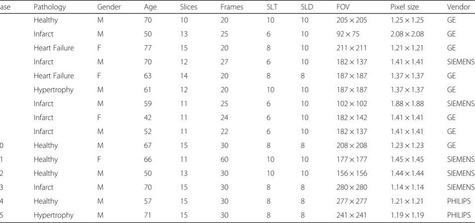 Table 1 Patient and image characteristics, showing variability in patient pathologies, gender, age, MR vendors and MR parameters.All units (slice thickness (SLT), slice distance (SLD), field of view (FOV) and pixel size) are in mm