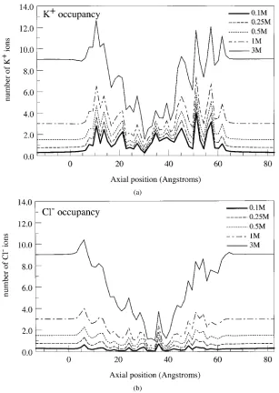 Figure 13.Equilibrium (no applied voltage) ion occupancy as a function of axial position along the pore for (a) K+ and (b) Cl− for symmetricbath concentrations of 0.1 M, 0.25 M, 0.5 M, 1 M and 3 M KCl.