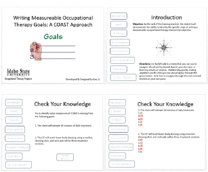 Figure 1. RLO screen shots demonstrate an embedded assessment measure that can be reused based upon the nature of the targeted learner, an external entity, or a learning management system