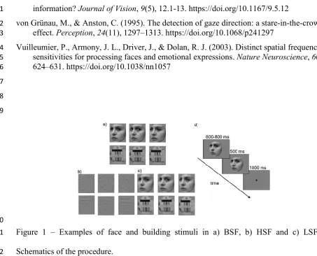 Figure 1 – Examples of face and building stimuli in a) BSF, b) HSF and c) LSF. d) 