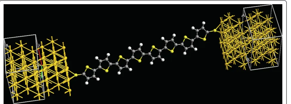 Figure 11 Orientation of the oligothiophene molecule. Ab initio simulation of the molecule placed between the electrodes