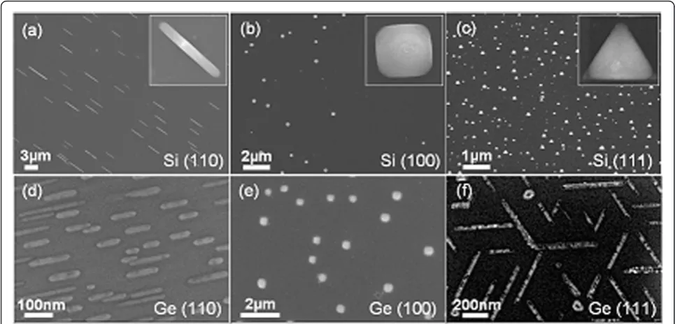 Figure 2 Endoepitaxial growth of silicide or germanide nanostructures with shape and orientation controlsSEM images of wire-, square- and triangle-like copper silicide nanostructures grown on (respectively