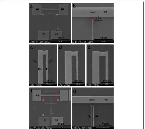 Fig. 1 SEM micrographs of the nano-submicron-stripe dual-beam Pd temperature sensors and an onsite Cr/Pd control sensor