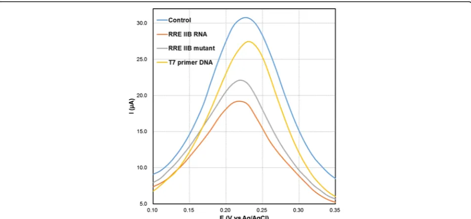 Fig. 6 Differential pulse voltammograms of Fe(CN)3-/4-6 at blank (peptide-coated), RNA-coated VSNEA, RNA mutant-coated VSNEA, andDNA-coated VSNEA