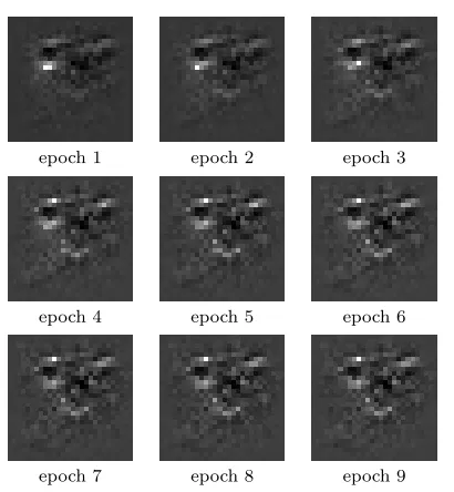 Fig. 5: Normalized updates applied to the input at various epochs on MNIST