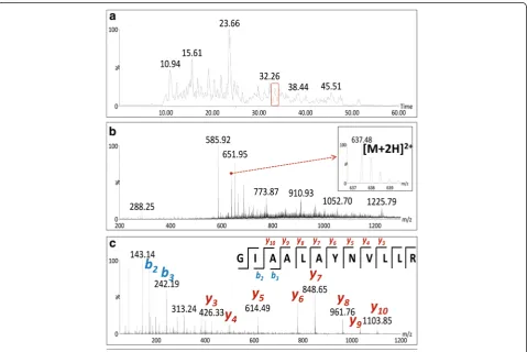 Fig. 4 Illustration of the data obtained in performed MS/MS analysis.of the peptide sequence for the peptide from 32.26 min ( a The chromatogram is showing the eluation times for the AgNPs trypsin-hydrolyzedsample where sample’s peptides are given from 0 t