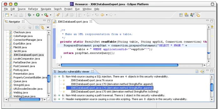 Figure 7: Tracking a SQL injection vulnerability in the Eclipse GUI plugin. Objects involved in the vulnerability trace are shown at the bottom.
