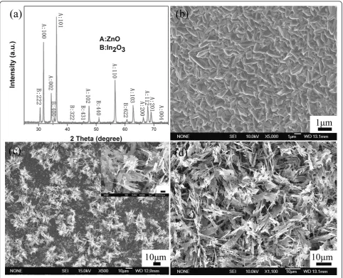 Figure 1 Morphology of the leaf-like indium-doped ZnO nanostructures. (a) XRD pattern of the leaf-like indium-doped ZnO nanostructures.(b), (c), and (d) SEM images of the leaf-like nanostructures at different reaction times of 5, 10, and 30 min, respective