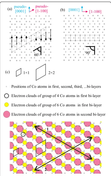 Figure 4 Schematic diagrams of Co-(11-20) crystallographicplanes. (a) Array of parallelogram-shaped Co-1 × 1 unit cells.Direction of row shift is marked with arrows