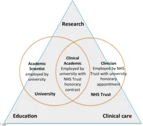 Figure 4.1: The role of academic scientist, clinical academic and clinician set in AHSC under the tripartite mission of research, education, and clinical care 