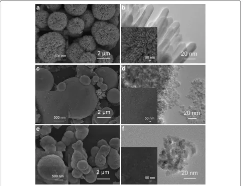 Figure 2 Typical FESEM and TEM images of the products. Products synthesized using various acid media at a concentration of 0.90 M:(a and b) HCl, (c and d) HNO3, and (e and f) HAc