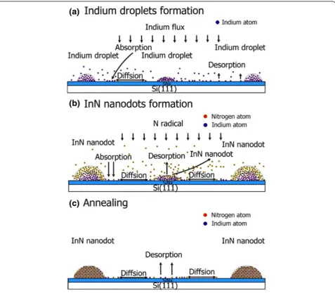 Fig. 6 The schematic diagrams of a In droplets formation, b InN nanodots formation, and c annealing process