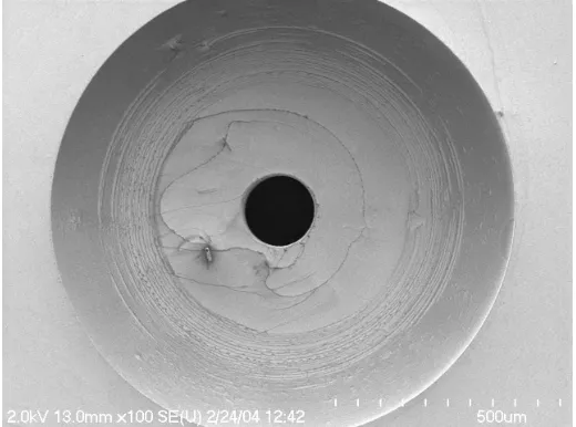 Figure 1. Scanning electron micrograph of an aperture with a diameter of 150 µm, etched inside a 1 mm wide recess