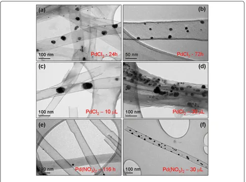 Figure 4 TEM images of Pd@CNT nanohybrids. These nanohybrids were prepared using palladium chloride and nitrate precursors by wetimpregnation (a, b, d) and incipient wetness impregnation (c, d, f).