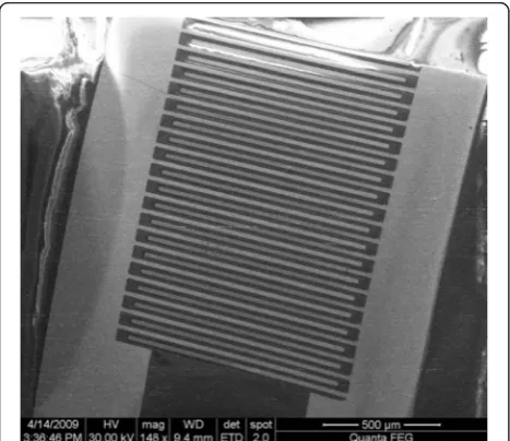 Fig. 3 Layout of the sensitive area of one pair of interdigitatedelectrodes of a gold conductometric transducer