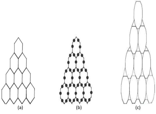 Figure 1: (a) triangular benzenoid subdivision graph of T4 (b) subdivision graph of T4 (c) Line graph of the T4