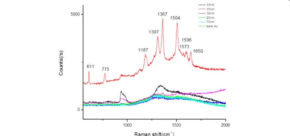 Figure 6 SERS spectra of 10−6 mol/L R6G for the substrates coated with different film thicknesses.