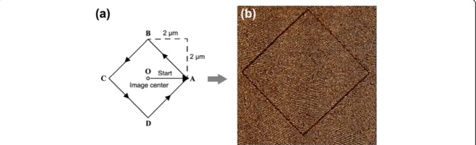 Figure 3 Designing and fabricating pattern through automatic hammering technique. (a) design program to control the tip-moving routepath and (b) phase image of the diamond pattern (image size: 4.5 × 4.5 μm2 ).