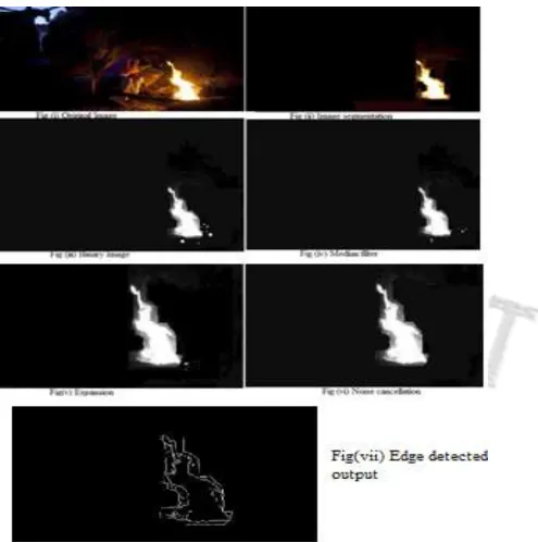 Figure 1.  The steps in the algorithms; (i) Original image  (ii) segmentation  (iii) binary (iv) median filter (v) expansion (vi) noise cancellation   (vii)  edge detection output 