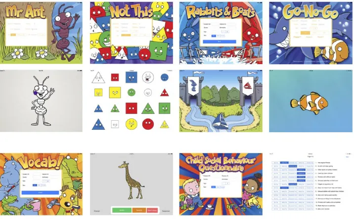 Figure 1. Screen captures of Early Years Toolbox Apps (title screen and test item screen captures).Note
