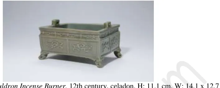 Figure 7.  Square Cauldron Incense Burner, 12th century, celadon, H: 11.1 cm, W: 14.1 x 12.7 cm, National Museum of Korea, Seoul