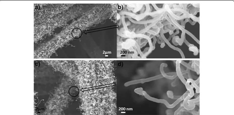Figure 3 SEM images of two thicknesses of Fe catalyst on CF after annealing. (a) 5 nm of Fe catalyst on CF after annealing with the insetshowing the EDS analysis of the circled area and (b) 10 nm of Fe catalyst on CF after annealing.