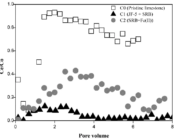 Fig. 6. As(V) breakthrough of As(V) in pristine limestone (C0) and biologically formed nano-size FeS-