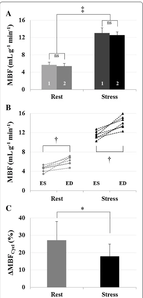 Figure 5 Experimental results and statistics. A)found at ES and ED, respectively. Two-tailed pairedperformed to compare minimum and maximum MBF, respectively, atrest, 4.7 ± 0.8 mL gdifferences were found between the two observers (labels #1 and #2on the ba