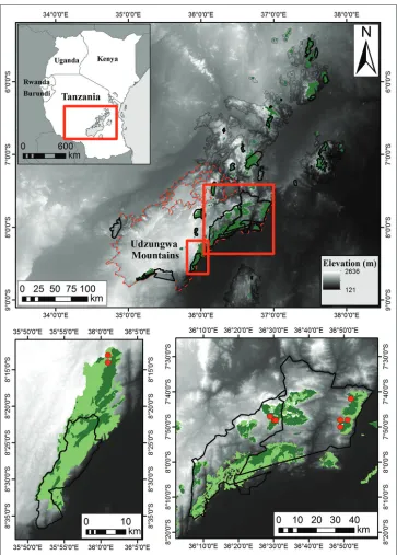 Figure 1. Known distribution of Polyceratocarpus askhambryan-iringae in the Eastern Arc Mountains (EAM)