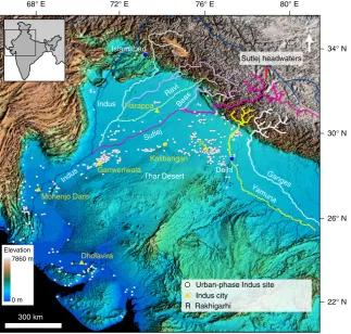 Fig. 1 Topographic map showing northwestern India and Pakistan, key Himalayan rivers and the distribution of urban-phase Indus Civilisation settlements.PossehlNote how Indus urban-phase settlements are not necessarily located along modern Himalayan river c
